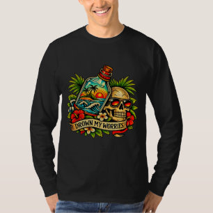 Retro Zomer Schedel Bericht in een Fles Strand T-shirt
