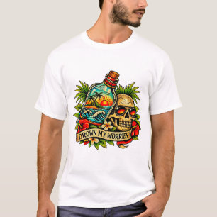 Retro Zomer Schedel Bericht in een Fles Strand T-shirt
