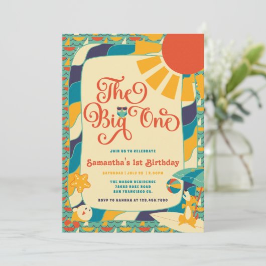 Retro Zomer Strand Geslacht Neutraal 1e Verjaardag Kaart (Staand voorkant)