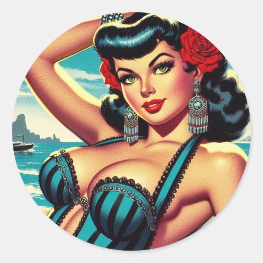 Retro Zomer Strand Pin-up Ronde Sticker (Voorkant)