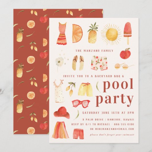 Retro Zomer | Uitnodiging voor het zwembadfeest (Voorkant / Achterkant)