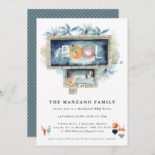 Retro Zomer | Uitnodiging voor het zwembadfeest (Voorkant / Achterkant)