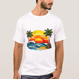 Retro Zomer Zonsondergang Palmboom Strand Golven T-shirt