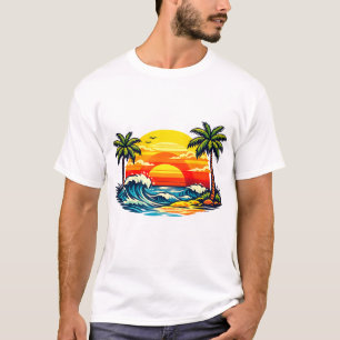 Retro Zomer Zonsondergang Palmboom Strand Golven T-shirt
