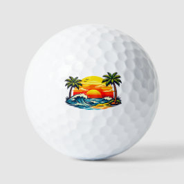 Retro Zomer Zonsondergang Palmboom Strand Golven V Golfballen