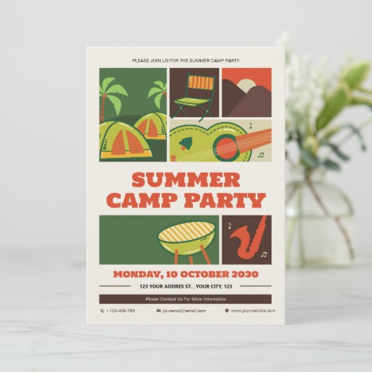 Retro Zomerkamp Uitnodiging (Staand voorkant)