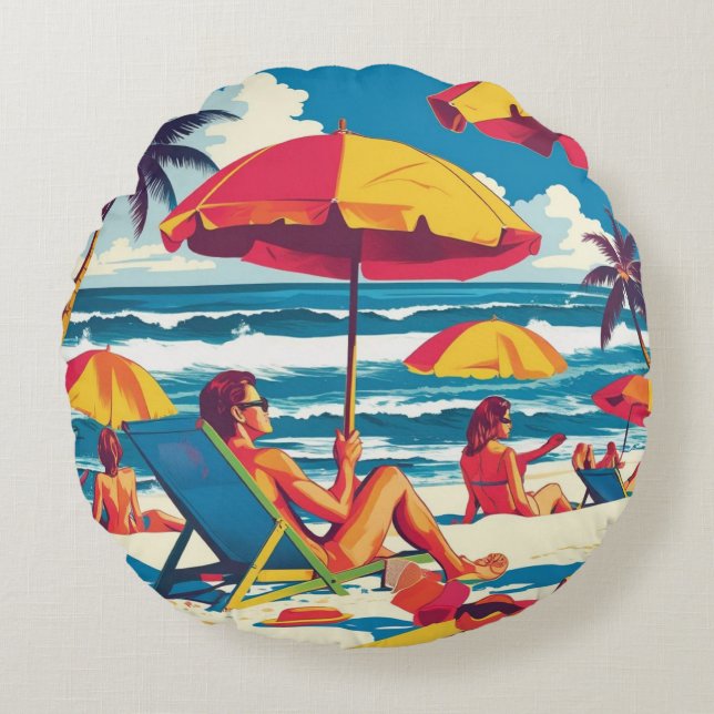 Retro zomerse strand scene kussensloop  rond kussen (Voorkant)