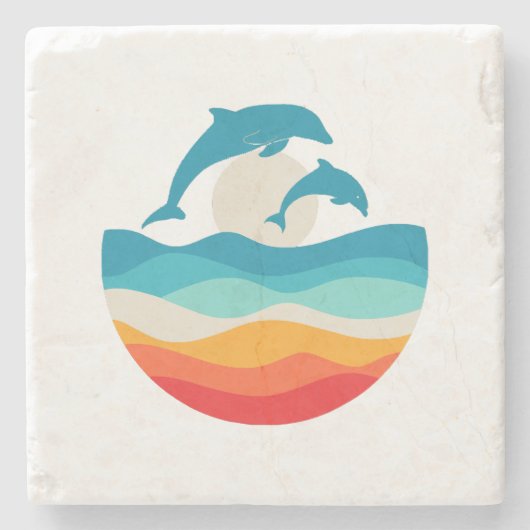 Retro Zomertijd Strand Dolfijn Stenen Onderzetter (Voorkant)