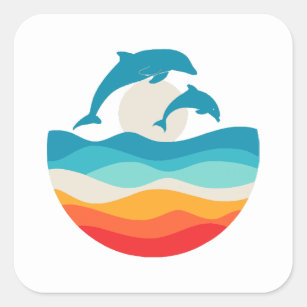  Retro Zomertijd Strand Dolfijn Vierkante Sticker
