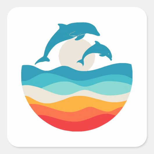Retro Zomertijd Strand Dolfijn Vierkante Sticker (Voorkant)
