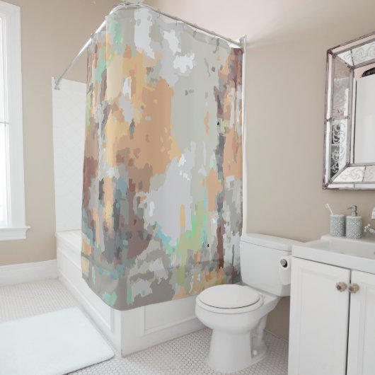 Retro zomervibes stoffig sinaasappel, taupe, aards douchegordijn (In situ)