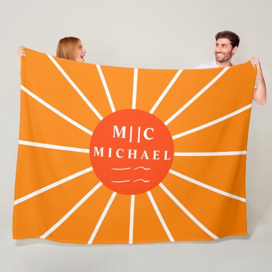 Retro zon eenvoudige moderne monogram gepersonalis fleece deken (In situ)