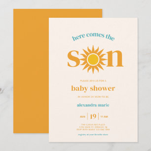 Retro zon hier komt het zoon Baby shower Kaart