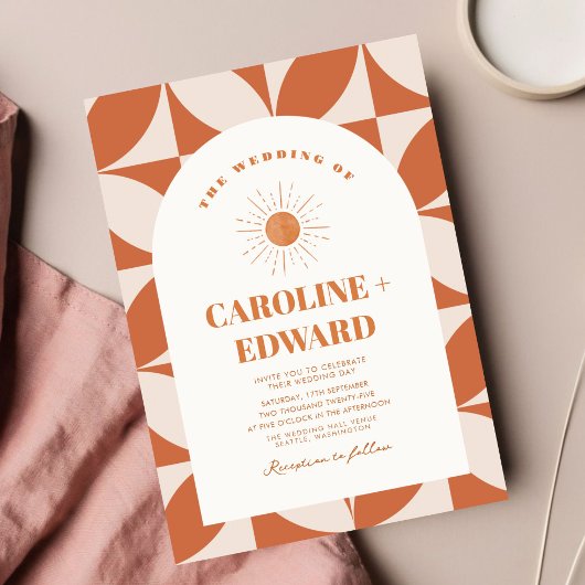 Retro zon kleurrijke golvende boho bruiloft QR-cod Kaart