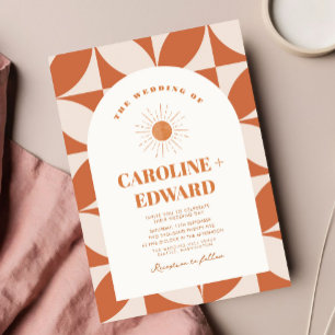 Retro zon kleurrijke golvende boho bruiloft QR-cod Kaart