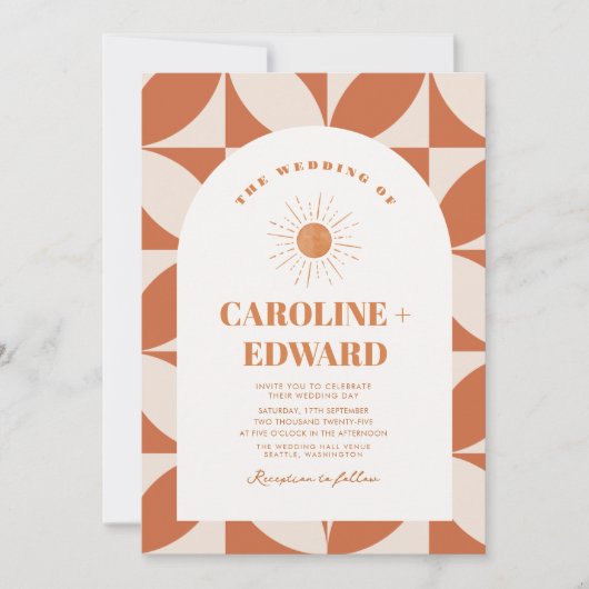 Retro zon kleurrijke golvende boho bruiloft QR-cod Kaart (Voorkant)