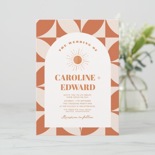 Retro zon kleurrijke golvende boho bruiloft QR-cod Kaart (Staand voorkant)