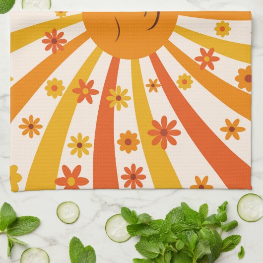 Retro zon met hippie bloemen zonneschijn theedoek (Gevouwen)