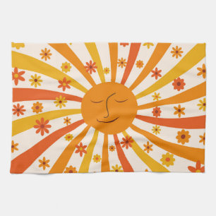 Retro zon met hippiebloemen zonneschijn  theedoek