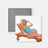 Retro  Zonnebaden Redhead Pinup Girl Magneet (Voorkant / Achterkant)