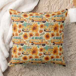 Retro Zonnebloem Bus Patroon – Vintage Boho Hippie Kussen