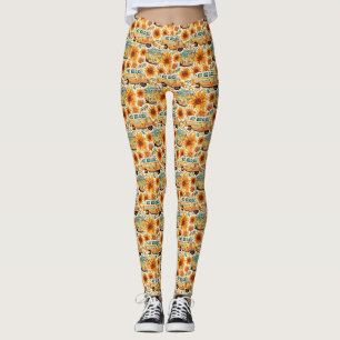 Retro Zonnebloem Bus Patroon – Vintage Boho Hippie Leggings