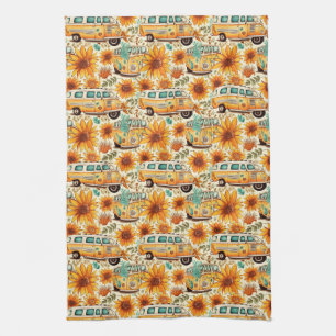 Retro Zonnebloem Bus Patroon – Vintage Boho Hippie Theedoek