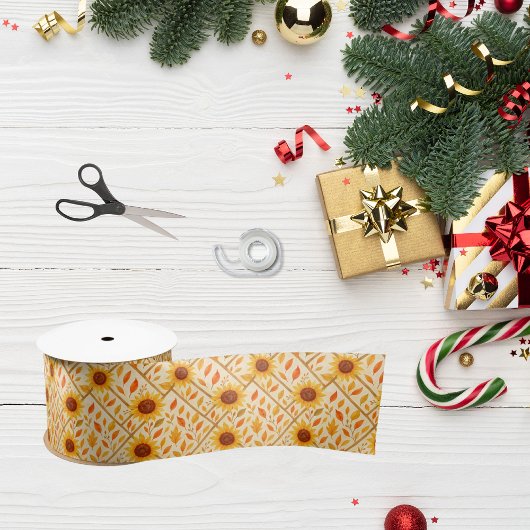 Retro Zonnebloem & Rustieke Boerderij Waterverf Satijnen Lint