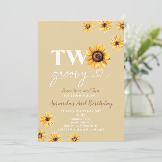 Retro Zonnebloemen Twee Groovy Verjaardagsfeest Kaart (Staand voorkant)