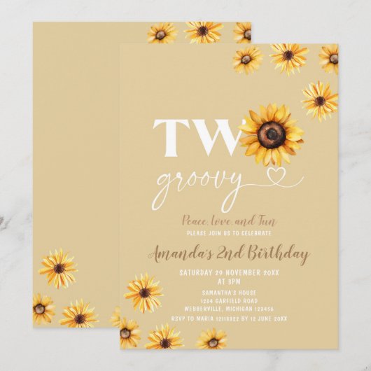Retro Zonnebloemen Twee Groovy Verjaardagsfeest Kaart (Voorkant / Achterkant)
