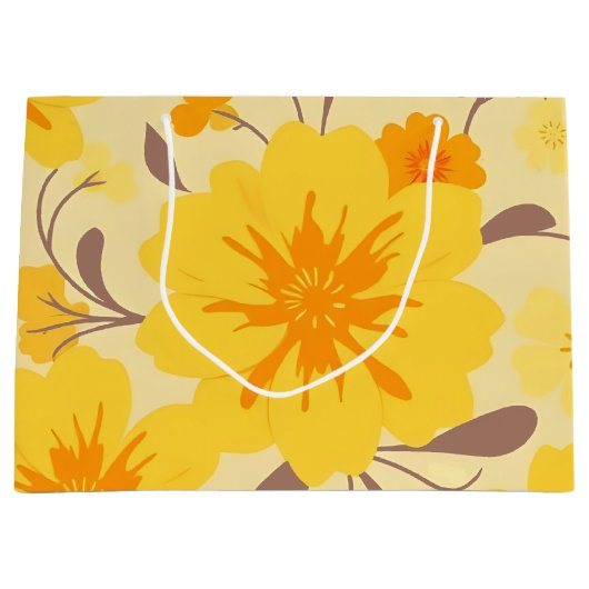 Retro Zonneschijn Bloemen-Geel Bloempatroon Groot Cadeauzakje (Voorkant)