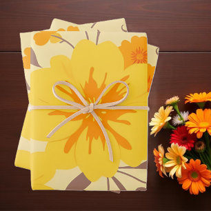 Retro Zonneschijn Bloemen-Geel Bloempatroon Inpakpapier Vel
