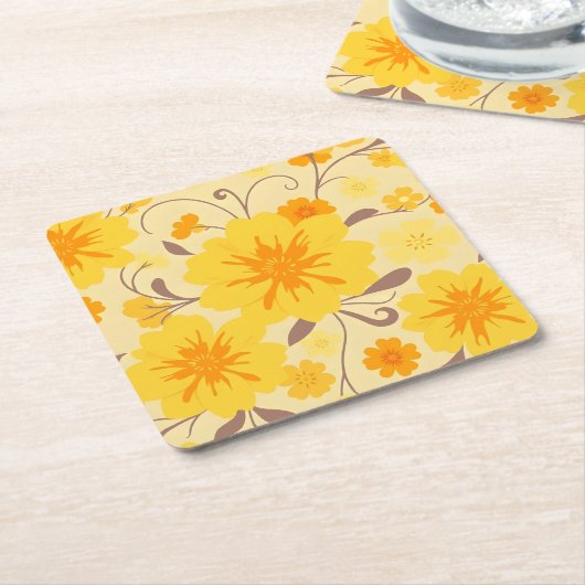 Retro Zonneschijn Bloemen-Geel Bloempatroon Kartonnen Onderzetters (Schuin)