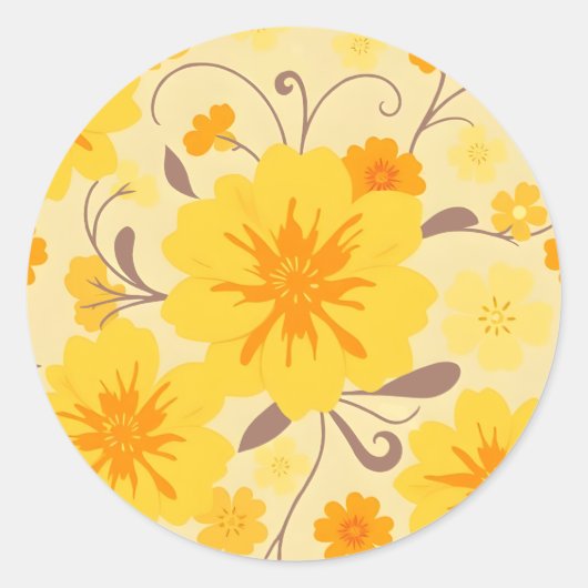 Retro Zonneschijn Bloemen-Geel Bloempatroon Ronde Sticker (Voorkant)