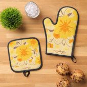 Retro Zonneschijn Bloempatroon-gele bloemen Ovenwant & Pannenlap Set (Top down)