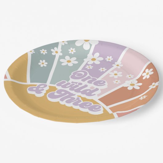 Retro Zonneschijn Regenboog Daisy One Wild Three Papieren Bordje (Gekanteld)