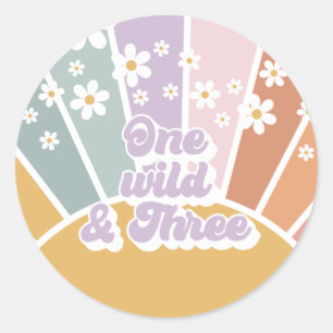 Retro Zonneschijn Regenboog Daisy One Wild Three Ronde Sticker