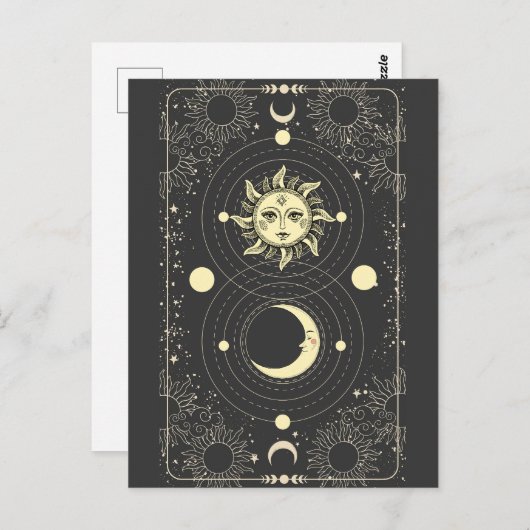 Retro  zonnesonenplaneten wolken lijst briefkaart (Voorkant / Achterkant)