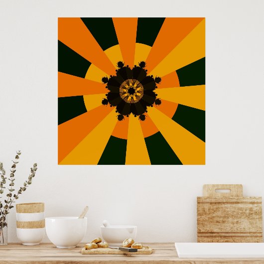 Retro Zonnestralen Burst Sunset Zwart Sinaasappel Poster (Keuken)