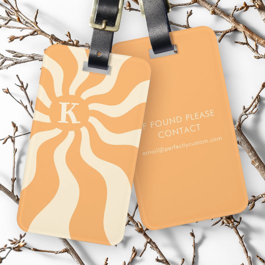 Retro zonnestralen monogram initiaal groovy bagagelabel