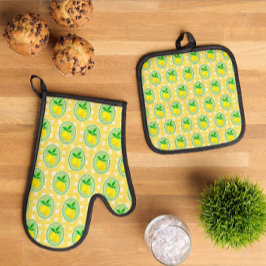 Retro Zonnige Citroen Geel Lente Groen Ovenwant & Pannenlap Set
