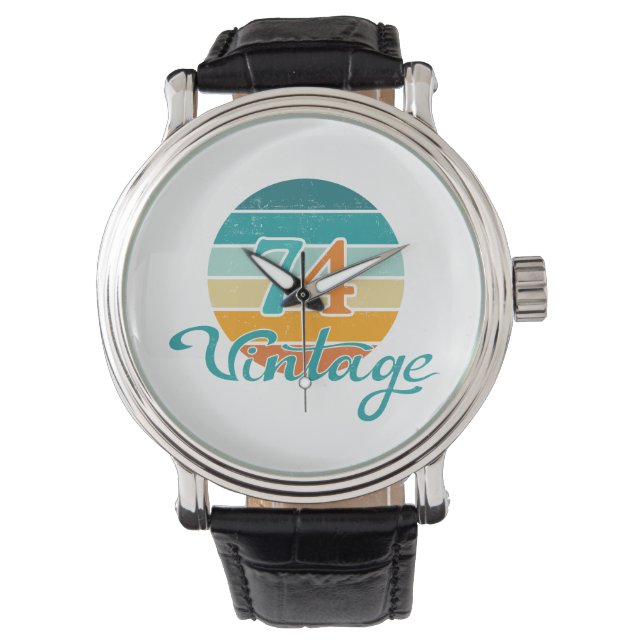 Retro Zonsondergang 74 Vintage Vervuild Horloge (Voorkant)