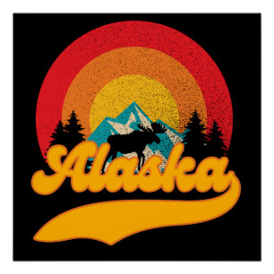 Retro Zonsondergang Alaska Juneau Moose 0Mountains Perfect Poster
