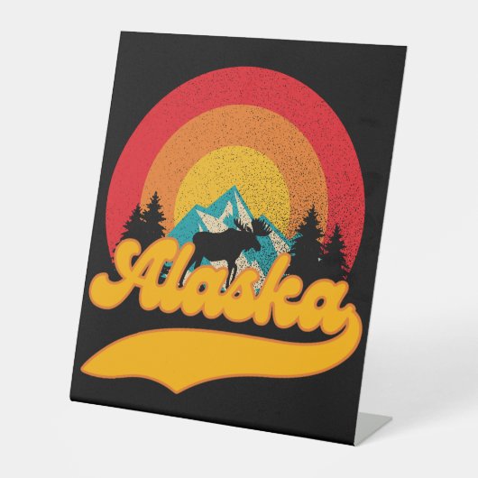 Retro Zonsondergang Alaska Juneau Moose 0Mountains Reclamebord Met Voetstuk (Voorkant)