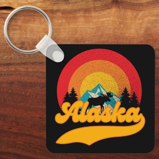 Retro Zonsondergang Alaska Juneau Moose 0Mountains Sleutelhanger (Voorkant)