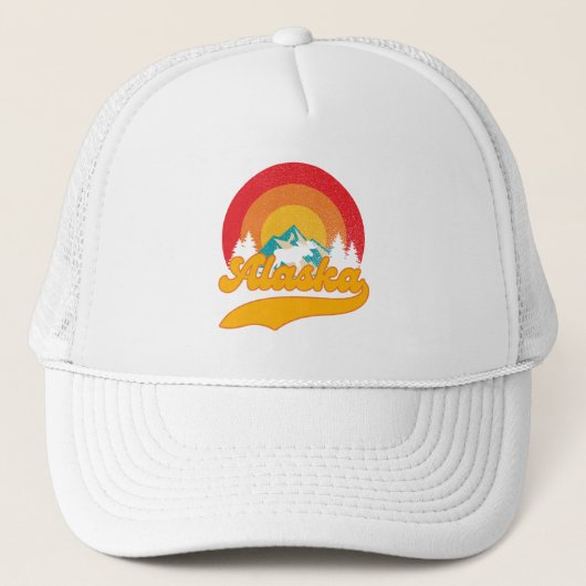 Retro Zonsondergang Alaska Juneau Moose 0Mountains Trucker Pet (Voorkant)