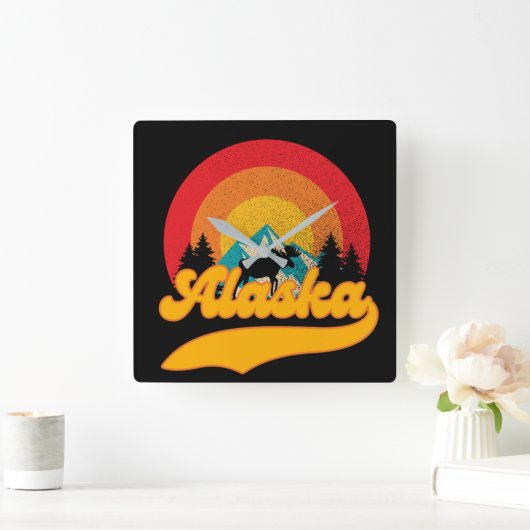 Retro Zonsondergang Alaska Juneau Moose 0Mountains Vierkante Klok (Huis)