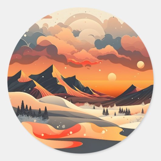 Retro Zonsondergang Berglandschap Ronde Sticker (Voorkant)