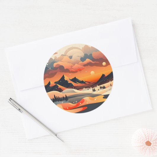 Retro Zonsondergang Berglandschap Ronde Sticker (Envelop)