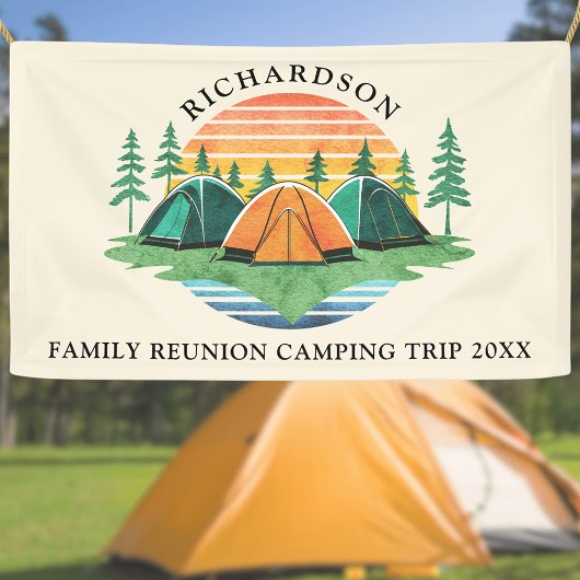 Retro Zonsondergang Bos Camping Aangepaste Familie Spandoek